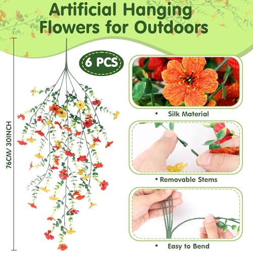 6 Pcs Fall Artificial Hanging Flowers Outdoor Faux Silk Mum Plant Decor Violet with Eucalyptus Realistic UV Resistant Trailing Vine Autumn Thanksgiving Porch Yard(Warm Color, Violet) - color: Bright Color, style: Violet