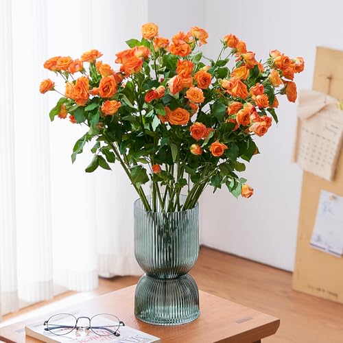 7.5 inch Vase for Flowers, Teal Ribbed Thickened Glass Vases, Hourglass Bud Flower Vase for Bookshelf, Dinner Table, Indoor Office Desktop, Meeting Room, Bathroom, Home Decor, Christmas Decoration - color: Teal, size: 7.5 inch