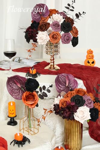 Floweroyal Halloween Artificial Flowers Black Flowers Mix Silk Flowers Fake Roses with Stems for DIY Wedding Bridal Bouquets, Baby Shower, Floral Arrangement, Table Centerpieces, Home Decorations - color: Brown & Black