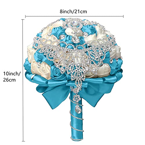 XINNI Brooch Bridal Wedding Bouquet Bride Bridesmaids Satin Rose Flower Bouquet with Bling Drop-Shaped Rhinestone for Wedding Lake Blue and Ivory - color: Lakeblue+ivory