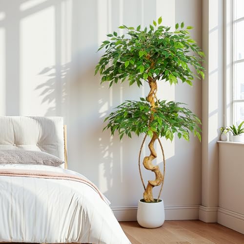 5ft Large Ficus Artificial Trees in White Pot, 60" Tall Fake Silk Tree with Natural Curved Trunk, Lush Faux Ficus Tree for Indoor Home Decor, Living Room, Office & Patio - size: 5ft