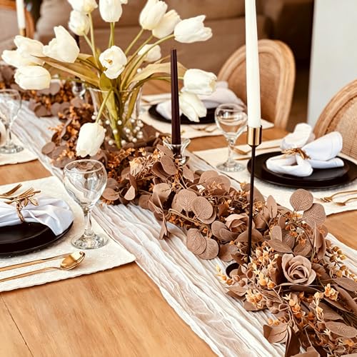 CQURE 2Pack Eucalyptus Garland,Artificial Eucalyptus Leaves Flowers Table Greenery Garland Wreath Vines for Wedding Party Fireplace Bedroom Room Decor - size: 17.7 Ft with Flowers-Brown