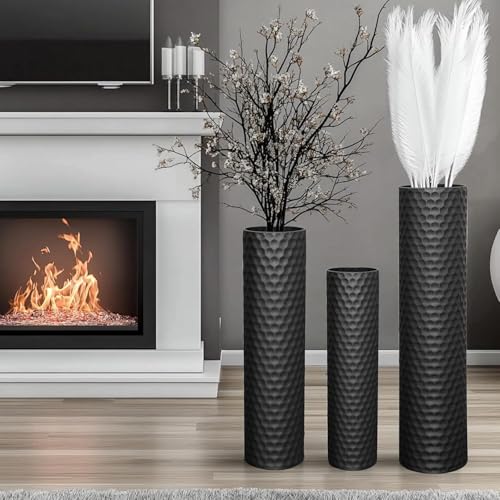 Tall Black Floor Vase 3 Pack, Extra Large Decorative Metal Standing Vases for Living Room Corner Office Home