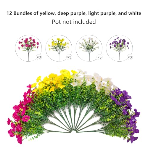 ADXORA 12 Bundles Morning Glory Artificial Flowers for Outdoor Decoration UV Resistant Fake Plastic Plants Artificial Greenery for Indoor Outdoor Garden Patio Window Box Home Decor - color: Puerple,light Purple,yellow,white