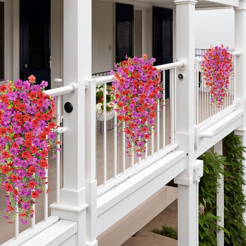 Ammyoo Artificial Hanging Flowers for Outdoors Fake Plants Decoration, 2 Packs Faux Silk Daisy Flower Realistic Outdoor Flowers UV Resistant Porch Patio Window Yard Indoor Spring Decor(Red Purple) - color: Dred Purple