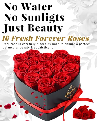 Changshunqi 16 Flowers Forever Preserved Roses in Heart Box, Preserved Flowers for Delivery Birthday Gifts Women Anniversary Forever Flowers for Mothers Gift Real Rose Forever Gifts for Women Mom Wife - color: Rose Red