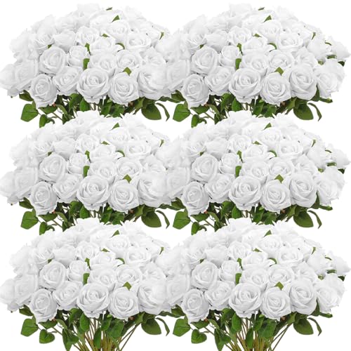 Jexine 50 Pcs Artificial Rose Flower Bulk Realistic Silk Fake Roses with Long Stem Plastic Artificial Flower Bouquet Real Looking for Home Wedding Centerpieces Party Decoration(Pure White) - color: Pure White