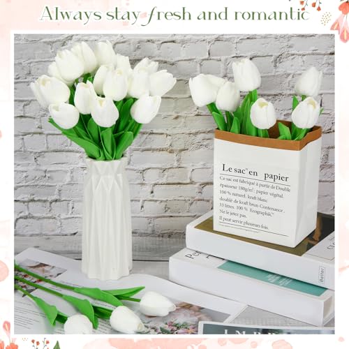 Lyrow 30 Pcs Tulips Artificial Bouquet Flowers Faux Tulips for Home Kitchen Wedding Decorations,Gift Idea for Easter Decor Mother's Day Birthdays(White) - color: White