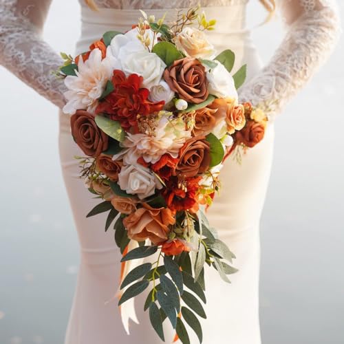 Wedding Bouquets for Bride Bridal Bouquet Bridesmaid Bouquet Tossing Bouquet for Wedding Ceremony Wedding Anniversary, Wedding Gifts, Chic Terracotta and Orange Style - color: Sunset Red