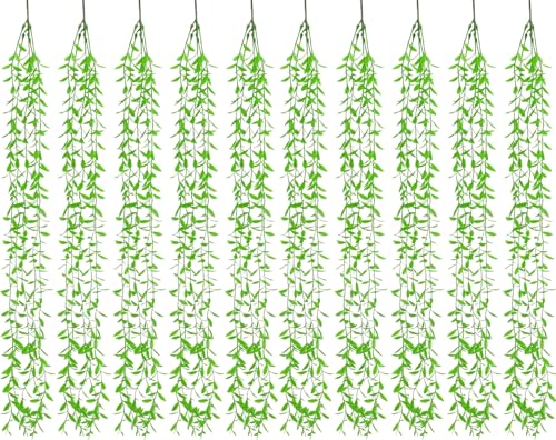 Artificial Hanging Vines Fake Ivy Green 10, Pack Plastic Stems Greenery Faux Weeping Willow Plants Leaves Vine for Wedding Party Indoor Outdoor Home Decor Garden Balcony Patio Planter DIY Decorations - color: Willow Branches - Green 10 Pack