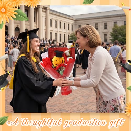 2026 Graduation Crochet Flowers Bouquet Gifts Class of 2026 Graduation Gift for Her Sunflower Mortarboard with Greeting Cards Bag Handmade Knitted Artificial Flowers for Grad(Red) - color: Red