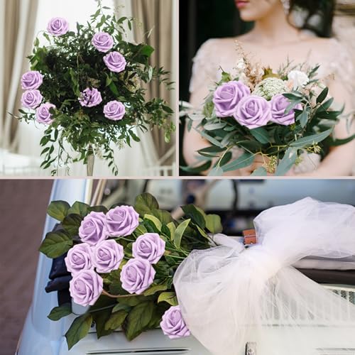 200PCS Lilac Realistic Roses - Artificial Latex Foam Flowers with Bendable Stems & 100PCS Leaves for Wedding, Home and Party DIY Decor - color: Lilac, size: 200