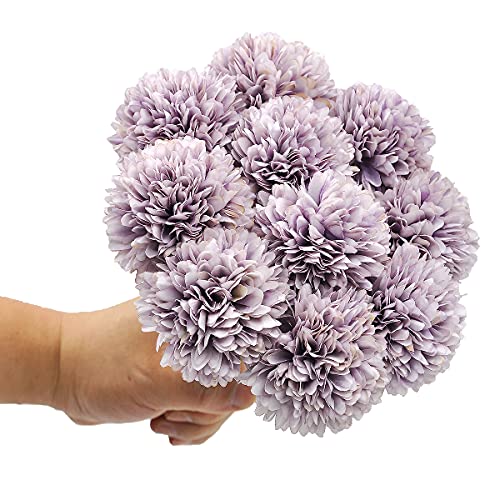 10Pcs Artificial Fake Flower Plants Silk Chrysanthemum Ball Hydrangea Arrangements Wedding Bouquets Decor Home Kitchen Garden Party Table Floral Centerpieces DIY (Grey Purple) - color: Grey Purple