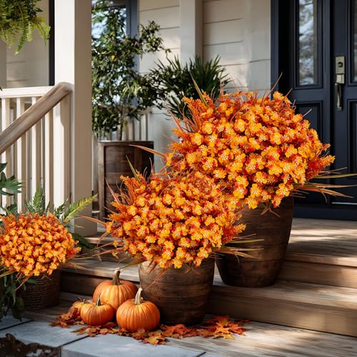 AXYLEX Artificial Fall Flowers Outdoor Fake Mums - 16 Bundles Fake Plants UV Resistant No Fade Faux Plastic Greenery Garden Porch Patio Fall Home Decor (1, OrangeGreen) - color: Orangegreen