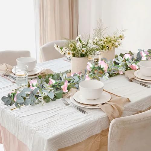 Flower Garland Rose Vine 4Pcs 28FT Artificial Floral Garland with Green Leaves Hanging Rose Vine for Wedding Party Garden Home Wall Decor (Light Pink) - color: Light Pink
