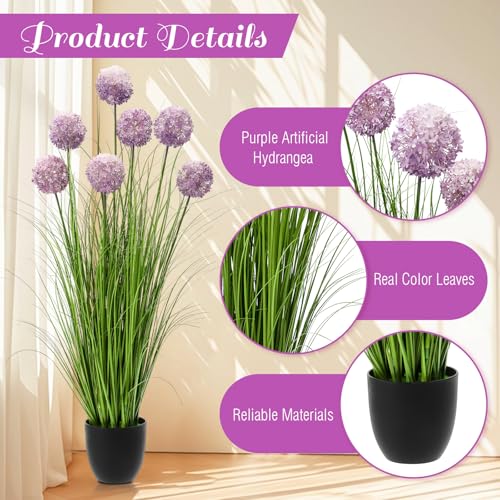 Jexine 2 Pack 4ft/47inch Artificial Grass Plant Outdoor Artificial Greenery Grass in Pot with Fake Purple Hydrangea for Spring Room Office Indoor Outdoor Decor Housewarming Gifts - color: Hydrangea, size: 4ft