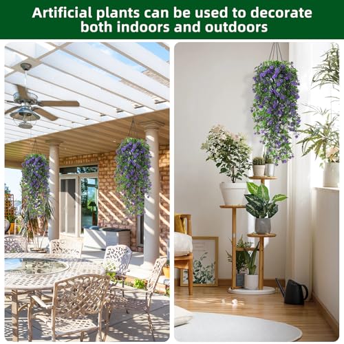 RECUTMS 2Pcs Artificial Hanging Flowers for Outdoor Decoration Fake Hanging Plants Faux Purple Flowers Artificial UV Resistant Plastic Greenery Vines Ivy for Outdoor Indoor Garden Party Decor（Purple） - color: Purple-rose