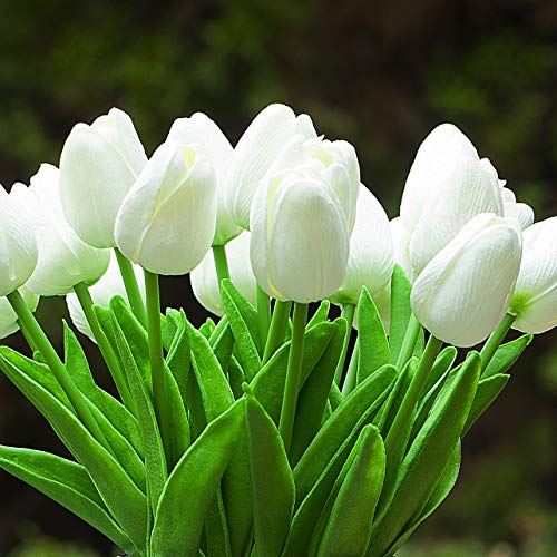 20 Pieces Artificial Real Touch Tulips Flower Arrangement in Glass Vase with Faux Water for Home Decoration (White) - color: White