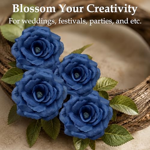 Rose Artificial Flowers, 50Pcs White Roses Head Flowers Bulk with Stem, 3 Inches Silk Rose Fake Flower Head for Wedding Party Home Decor DIY Baby Shower Centerpieces Tables Decoration (Navy Blue) - color: Navy Blue
