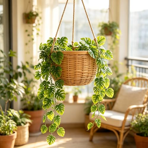 CLONG Artificial Hanging Plants Fake Monstera Hanging Plant UV Resistant Plastic Plants for Outdoor Decoration (6, Green)
