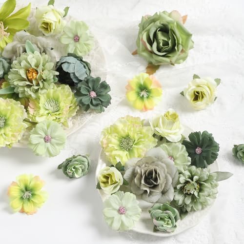 rongflower Fake Flower Heads for Crafts - Green Silk Artificial Roses, Peonies, Daisies & Mini Floral Heads Bulk (48-Pack) for Wedding Decor, Graduation Cap, Cake Topper, Baby Shower, Home Decoration - color: Green