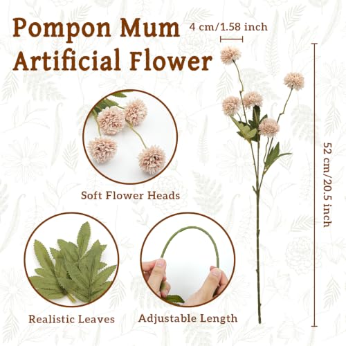 8pcs Beige Fake Flowers Silk Pompon Mum Artificial Flowers,Mini Artificial Chrysanthemums with Stems,Faux Flowers For Vase,for Wedding Centerpieces, flower arrangements, vase fillers, and home decor - color: Beige