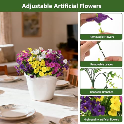 INQCMY Artificial Fake Flowers for Outdoors Decoration,12 Bundles Silk Colorful Morning Glory with Eucalyptus UV Resistant Look Real Faux Flowers for Planter Door Garden Porch Patio Balcony Yard - color: 1 Mixed Color(2 Double Purple,2 Deep Orchid,2 Yello