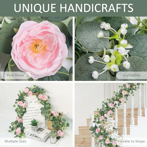 TOCHGREEN 2 Pack 13Ft Artificial Eucalyptus Flower Garland with Pink Camellia, Fake Flower Greenery Garland Floral Vines for Wedding Home Party Room Table Runner Decor (2PCS, Pink) - color: Pink, size: 2PCS