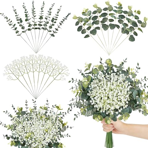 Der Rose 24Pcs Mixed Eucalyptus Stems&Babys Breath Artificial Flowers Bulk, Fake Flowers DIY Kit with Silver Dollar Leaves, Artificial Greenery Stems for Home Table Centerpieces Wedding Bouquets Decor - size: 24-Mixed Eucalyptus Stems