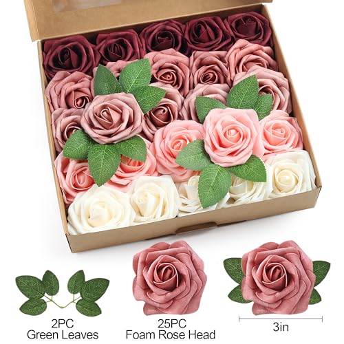 SITUMEIZI Artificial Flowers Fake Rose Foam Burgundy Roses with Stems Wine Red Rose for DIY Wedding Flowers Bridal Shower Table Centerpieces Party Decor Christmas Tree 25Pcs - color: Wine-white