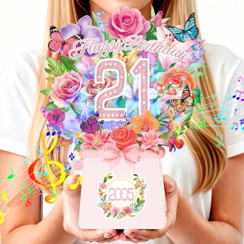 21st Birthday Cards, Light and Music 21 Years Old Happy Birthday Card, Rose Lily Orchid and Butterflies, 10 InchForever Flower Bouquet 3D Pop Up 2005 Birthday Gift Card for Women Wife Mom Daughter Sister - size: 2005-21st