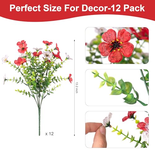 INXUGAO Artificial Fake Flowers Plants for Outdoor Spring Summer Decor, 12 Bundles Faux Silk Flowers for Outdoor Outside Planter Colorful Daisy UV Resistant Look Real for Front Door Porch Patio Yard - color: Red White
