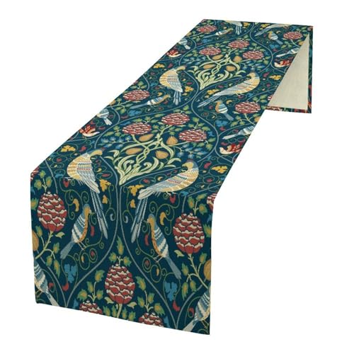 William Morris Style Table Runner for Table Decor, Art Vintage Botanical Flower Rustic Floral Bird Printed for Kitchen Dining Room Living Room Farmhouse Party Holiday Decorate 13" x 48" - color: William Morris_18, size: 13"W x 36"L (Pack of 1)