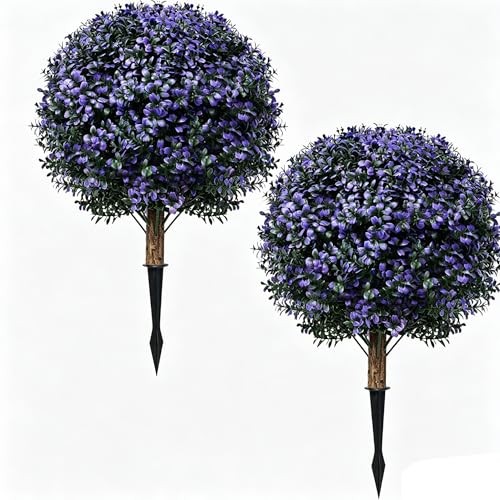 THKFUL Artificial Boxwood Topiary Ball Tree Outdoor Set of 2,Faux Bushes Plants with Spike,Artificial Boxwood Ball Fake Shrubs with Stake UV Resistant for Front Door Outdoor Planter Garden D17 - style: Purple Boxwood