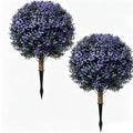 THKFUL Artificial Boxwood Topiary Ball Tree Outdoor Set of 2,Faux Bushes Plants with Spike,Artificial Boxwood Ball Fake Shrubs with Stake UV Resistant for Front Door Outdoor Planter Garden D17 - style: Purple Boxwood