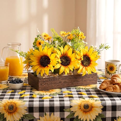 AceOrbit 3 Pcs Artificial Sunflower Potted Plants with Wood Tray Farmhouse Faux Sunflowers for Kitchen Table Centerpieces Fake Yellow Flowers in Rustic Pots for Dining Home Bathroom Wedding (Classic) - style: Classic
