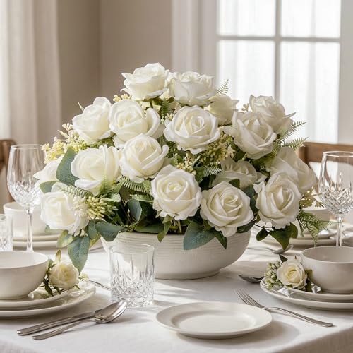 Fake Roses White Roses Artificial Roses Fake Rose Silk Roses Artificial Roses with Stems 24 Full Flower Heads Faux Roses for Indoor Centerpieces home Wedding Farmhouse Decoration No Vase (4PCS,White) - color: White 4pcs