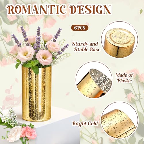 6 Pcs Gold Cylinder Vases for Centerpieces Mercury Vase Hurricane Vase Bulk Acrylic Round Wide Container for Flowers Home Office Wedding Table Decorations (4''/6''/8'') - color: Gold, size: 4''/6''/8''