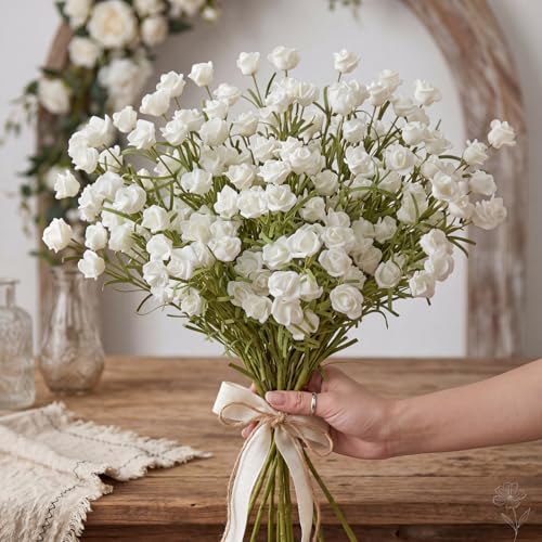 6 Pcs Mini White Rose Artificial Flower Bouquet Mini Fake Roses with Long Stem Realistic Foam Rose Bouquets for Bride Shower Wedding Party Table Centerpieces Home Decor Ation Gift for Women