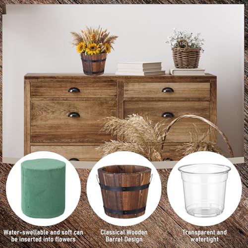 Remerry 6 Pcs Rustic Wood Barrel Planter Boxes with Removable Plastic Liners & Floral Foam Blocks, Farmhouse Decor for Wedding Table, Home, Garden, Kitchen & Party Centerpieces (Classic)