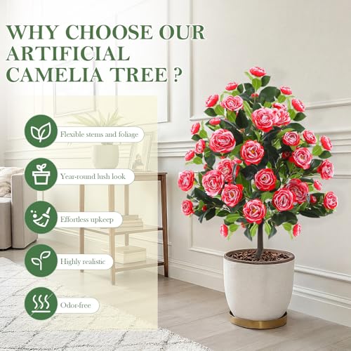 Lunmon 2 Pack 4ft Artificial Camellia Plants Tree 48" Faux Camellia Flower with Spike (Without Vase) UV Resistant Realistic Fake Floral Blooming for Outdoor Front Door Porch Backyard Garden, Red White - color: Red White Bicolor, size: 4 ft