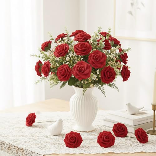 Artificial Flowers, 25 Pcs Red Foam Fake Roses Bulk for Flower Decoration DIY Wedding Bouquets, Artificial Rose with Stems for Centerpieces Bridal Shower Party Christmas Tree Cake Decor - color: Red