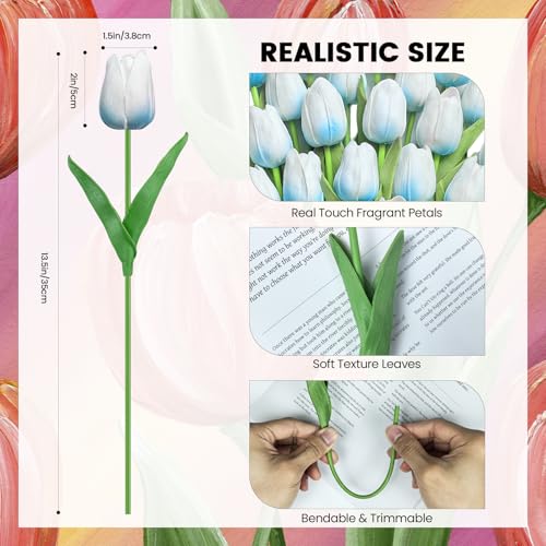 30 PCS Artificial Tulips Real Touch Tulips 13.5inch Long Stem Fake Flowers Silk Flowers for Spring Easter Mother's Day Decorations（White+Light Blue） - color: White+light Blue