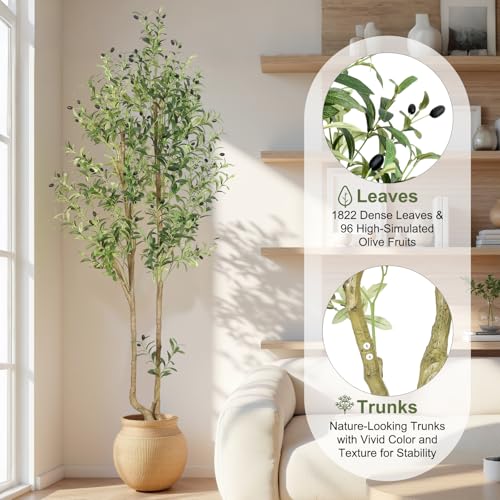 HZXGCP Olive Tree Olive 7 feet, Artificial Olive Tree with White Pot, Fake Tree with 1882 Dense Leaves & 96 High-Simulated Olive Fruits - Easy Assembly, Low Maintenance (Olive Tree 7ft) - color: Olive Tree 7ft