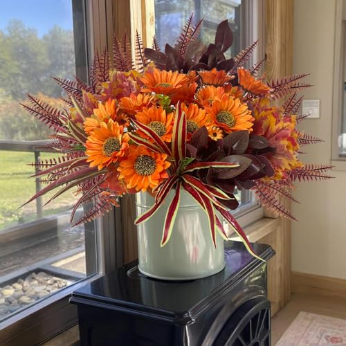 Fall Artificial Sunflowers Flowers Faux Plants for Outdoor Planters, Fake Silk Realistic Greenery Bushes Look Real UV Resistant for Outside Porch Pot Decor, 12 Bundles - color: Fall Multicolor