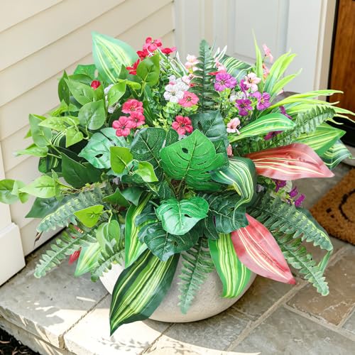 20 Pcs Artificial Flowers Plants for Outdoor Plastic Fake Greenery Plants UV Resistant Faux Bushes Fern Stems for Home Patio Garden Porch Window Box Indoor Outside Spring Summer Decor - color: Purple Pink White, size: 20