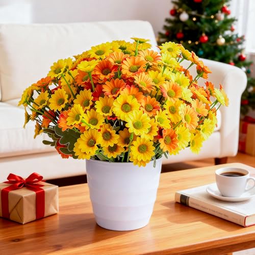 Daisy Artificial Fake Flowers Plants for Outdoor Outside Fall Decor, 6 Bundles Fake Mums UV Resistant Look Real for Planter Pot Porch Patio Balcony Garden Yard (Orange Yellow)