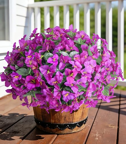 Bougainvillea Artificial Flowers for Outdoors Summer Decor, 4 Bundles Realistic Bougainvillea Fake Silk Outside Flowers UV Resistant Faux Plants for Outdoor Planters Porch Patio Window Garden, Fuchsia - color: Fuchsia