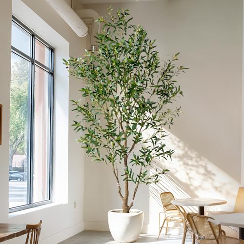 7ft Faux Olive Tree with White Pot & Moss, Artificial Olive Tree Indoor Outdoor, PE/PVC Leaves, Realistic Resin Trunk Large Fake Olive Tree Artificial Plants Indoor, Faux Plants Indoor for Home Decor - size: 7ft