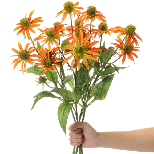 Knitgrip Orange 4 Pcs Artificial Coneflowers Stems 29 Inch Faux Echinacea Flowers Branch Realistic Farmhouse Fake Sunflower Floral Bouquet for Home Centerpiece Arrangement Indoor Outdoor Decor - color: Orange
